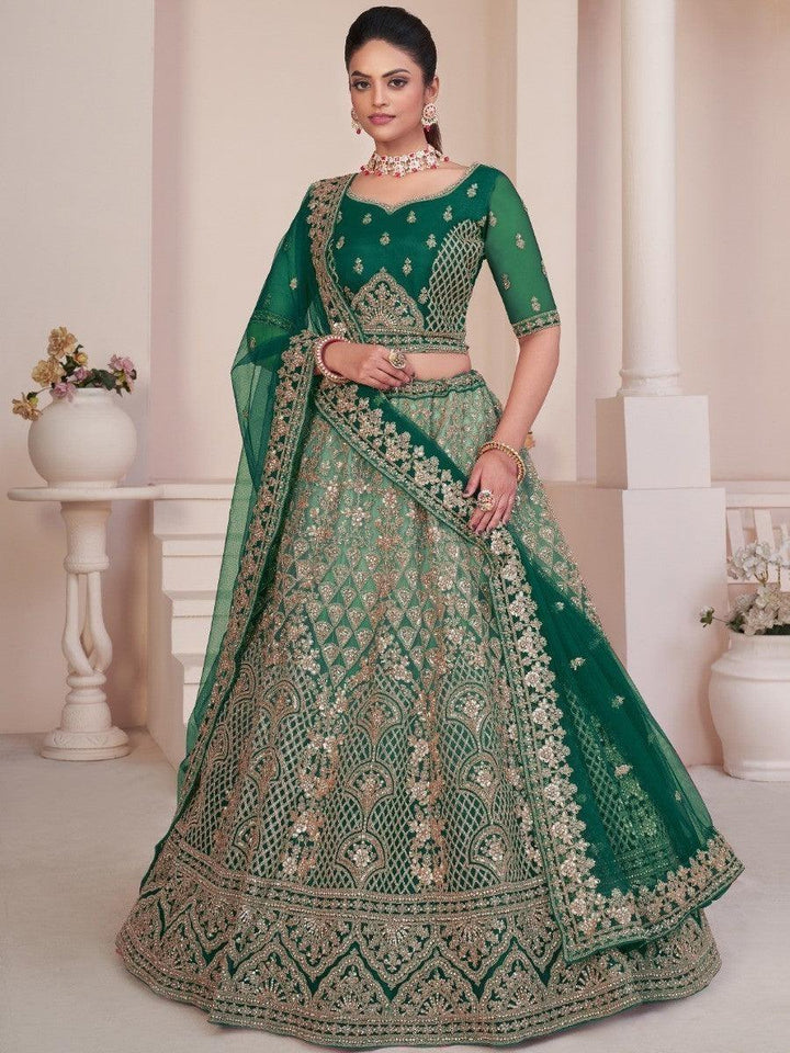 Fetching Green Sequins Net Bridal Wear Lehenga Choli With Dupatta