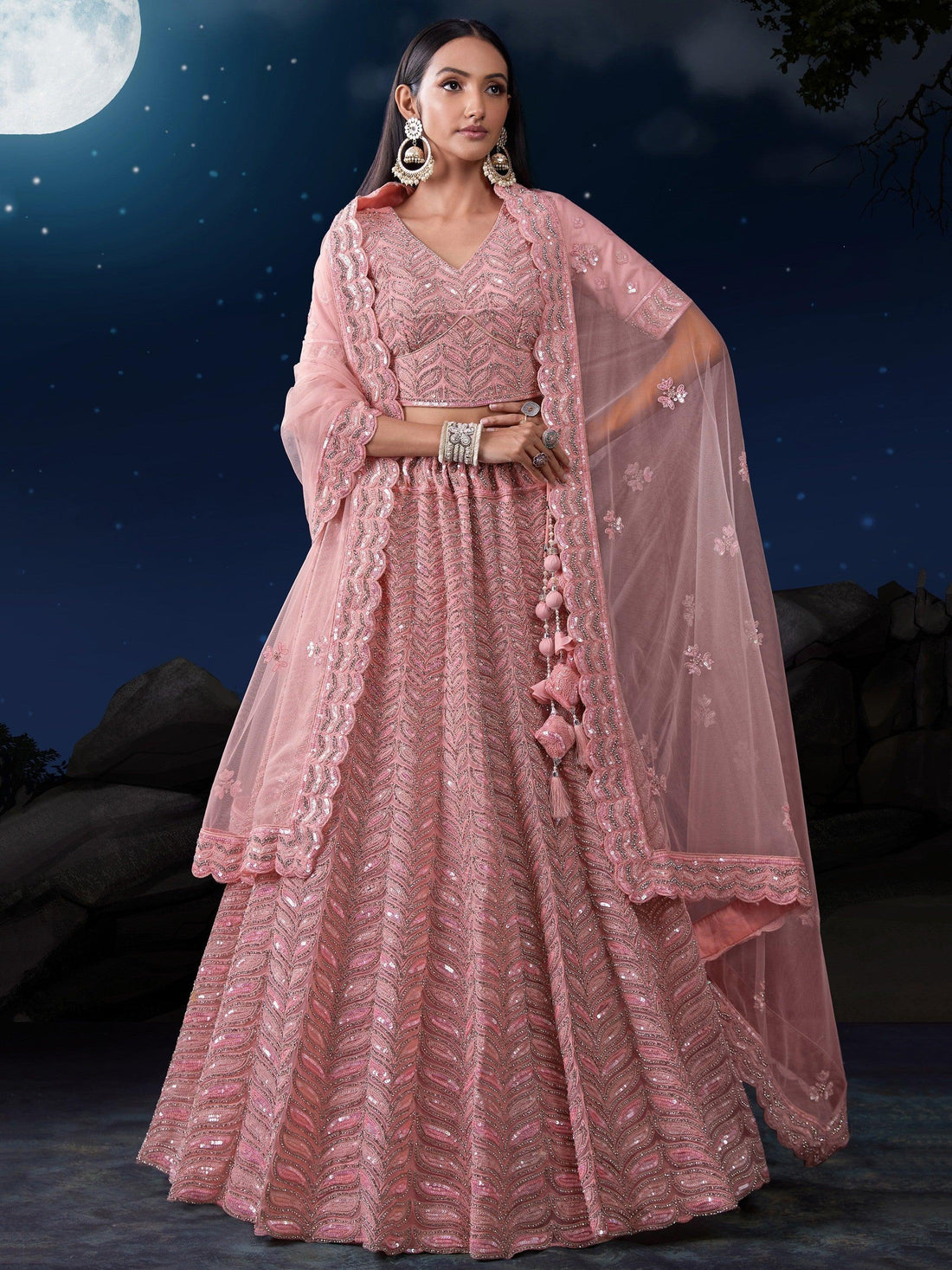 Gorgeous Pink Dori Work Net Reception Wear Lehenga Choli With Dupatta