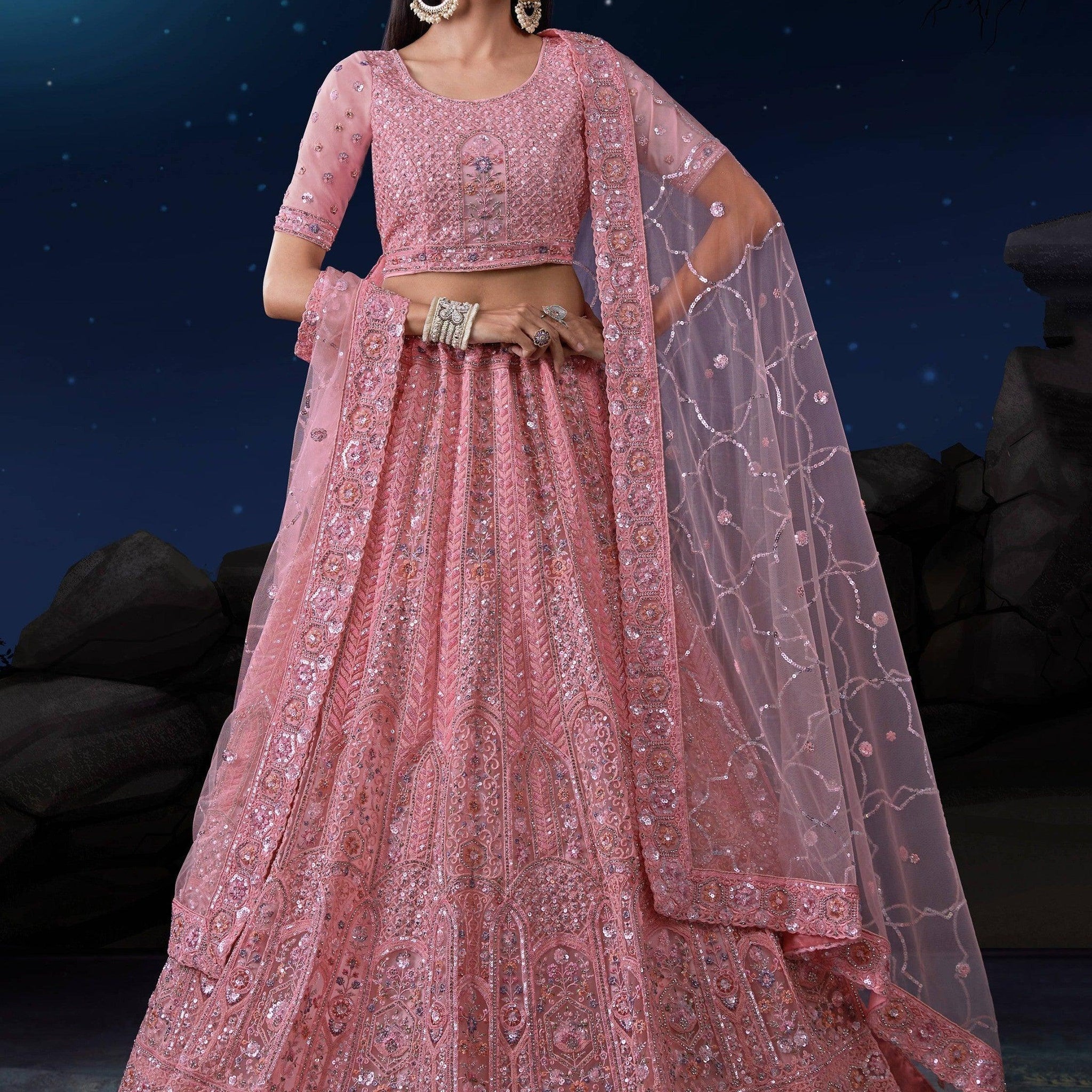 Alluring Pink Sequins Net Bridesmaid Lehenga Choli With Dupatta