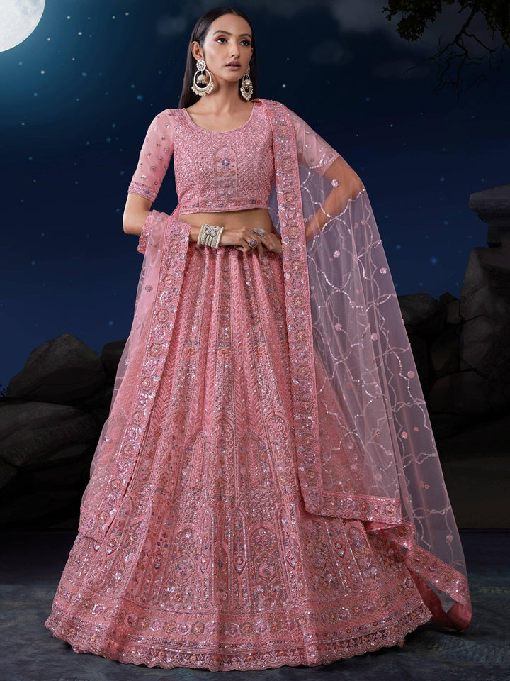 Alluring Pink Sequins Net Bridesmaid Lehenga Choli With Dupatta