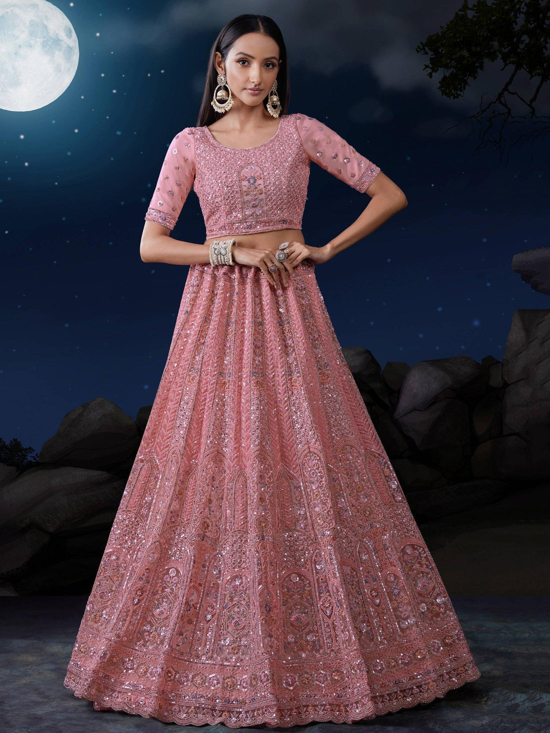 Alluring Pink Sequins Net Bridesmaid Lehenga Choli With Dupatta