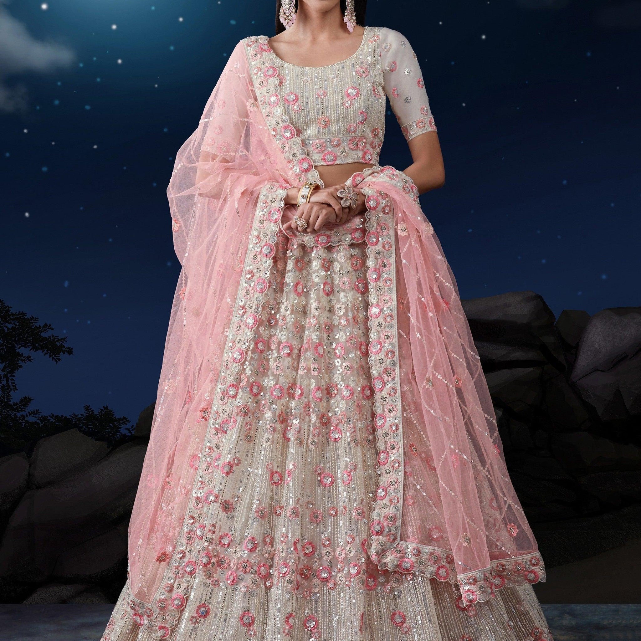 Awesome White Sequins Net Traditional Lehenga Choli With Dupatta