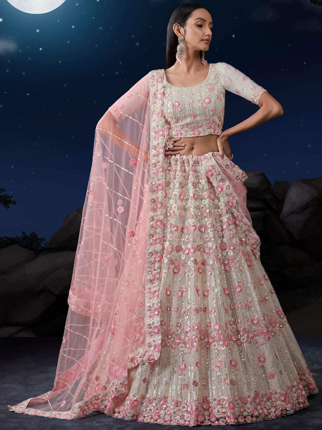 Awesome White Sequins Net Traditional Lehenga Choli With Dupatta