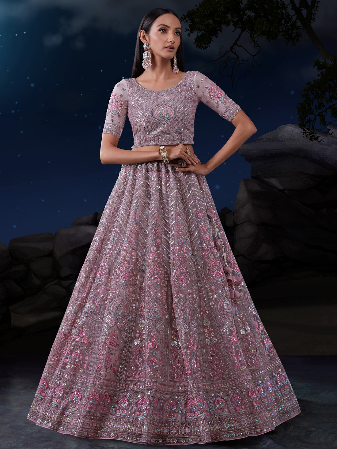 Enchanting Dusty Purple Sequins Net Lehenga Choli With Dupatta