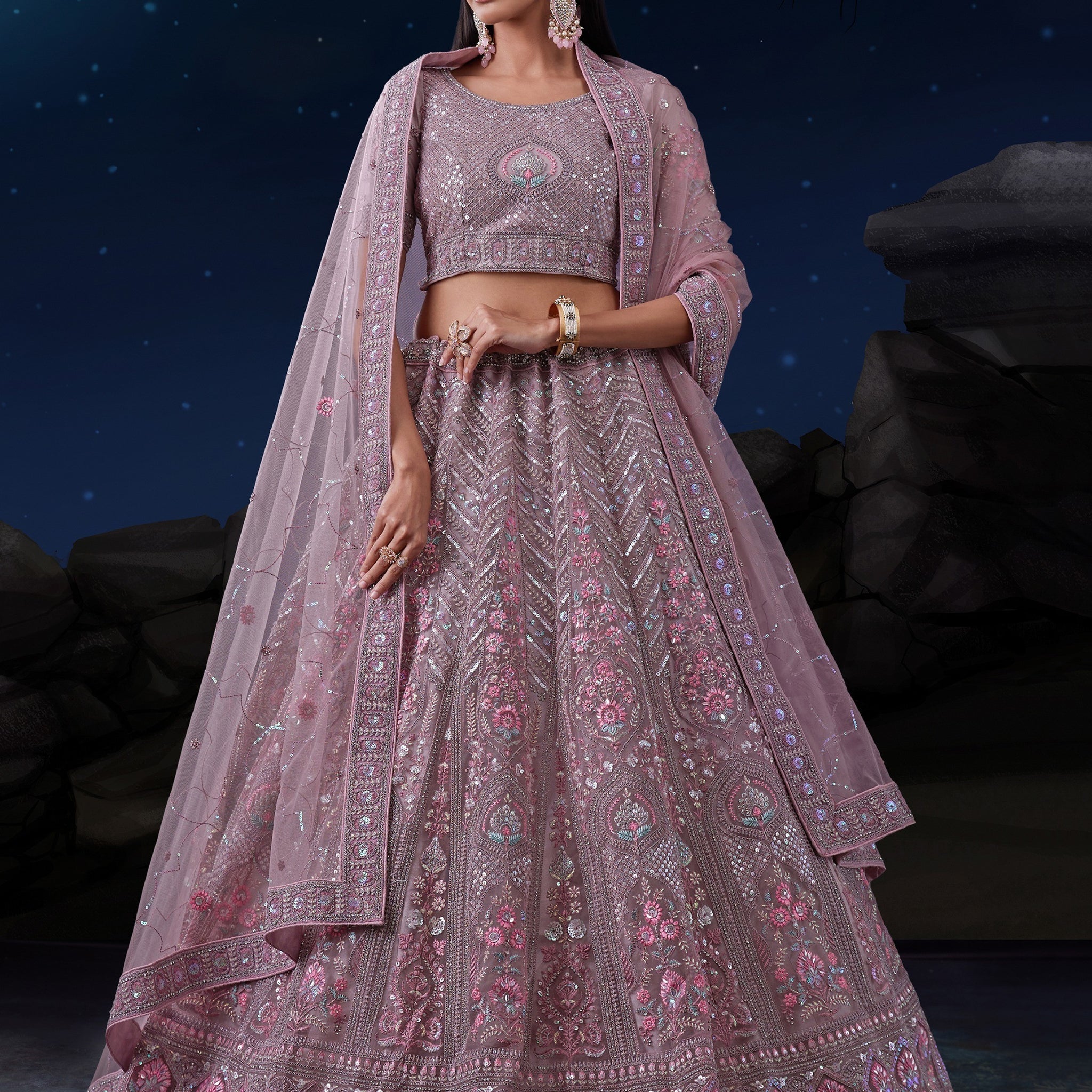 Enchanting Dusty Purple Sequins Net Lehenga Choli With Dupatta