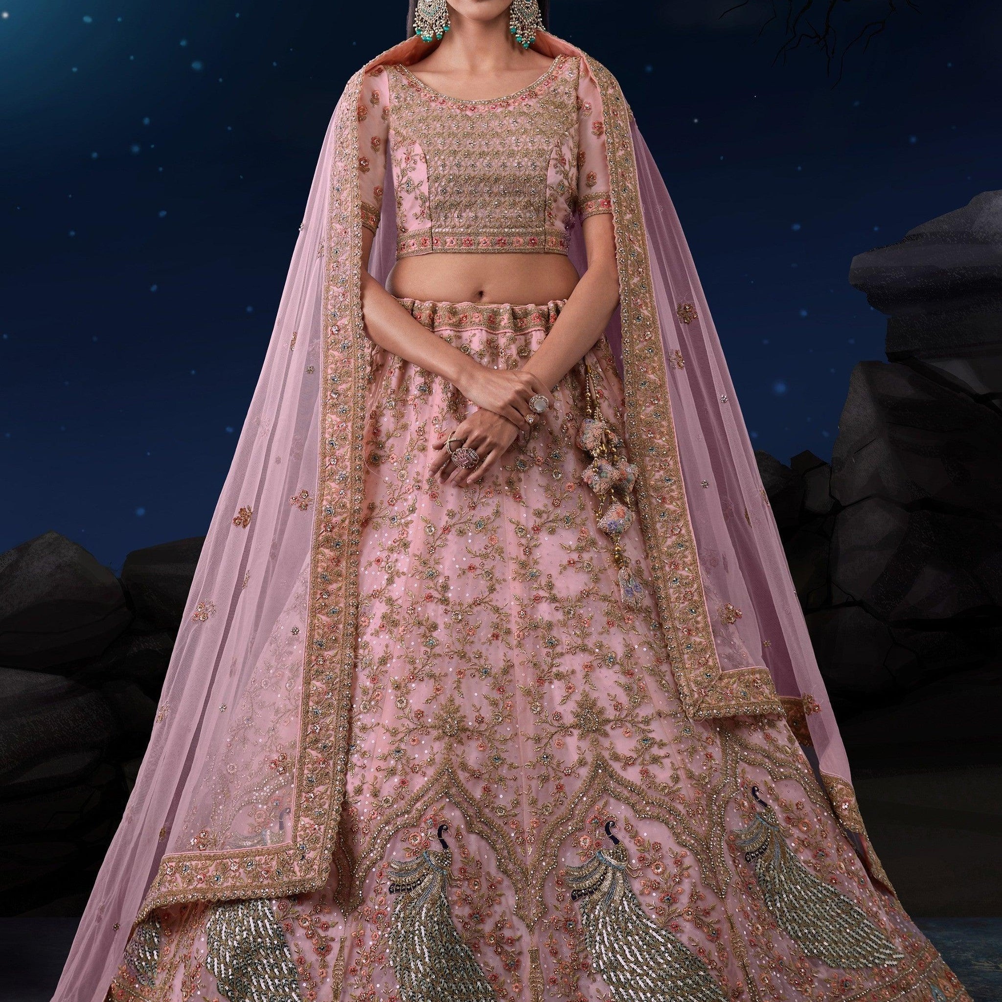 Appealing Pink Sequins Net Sangeet Wear Lehenga Choli With Dupatta