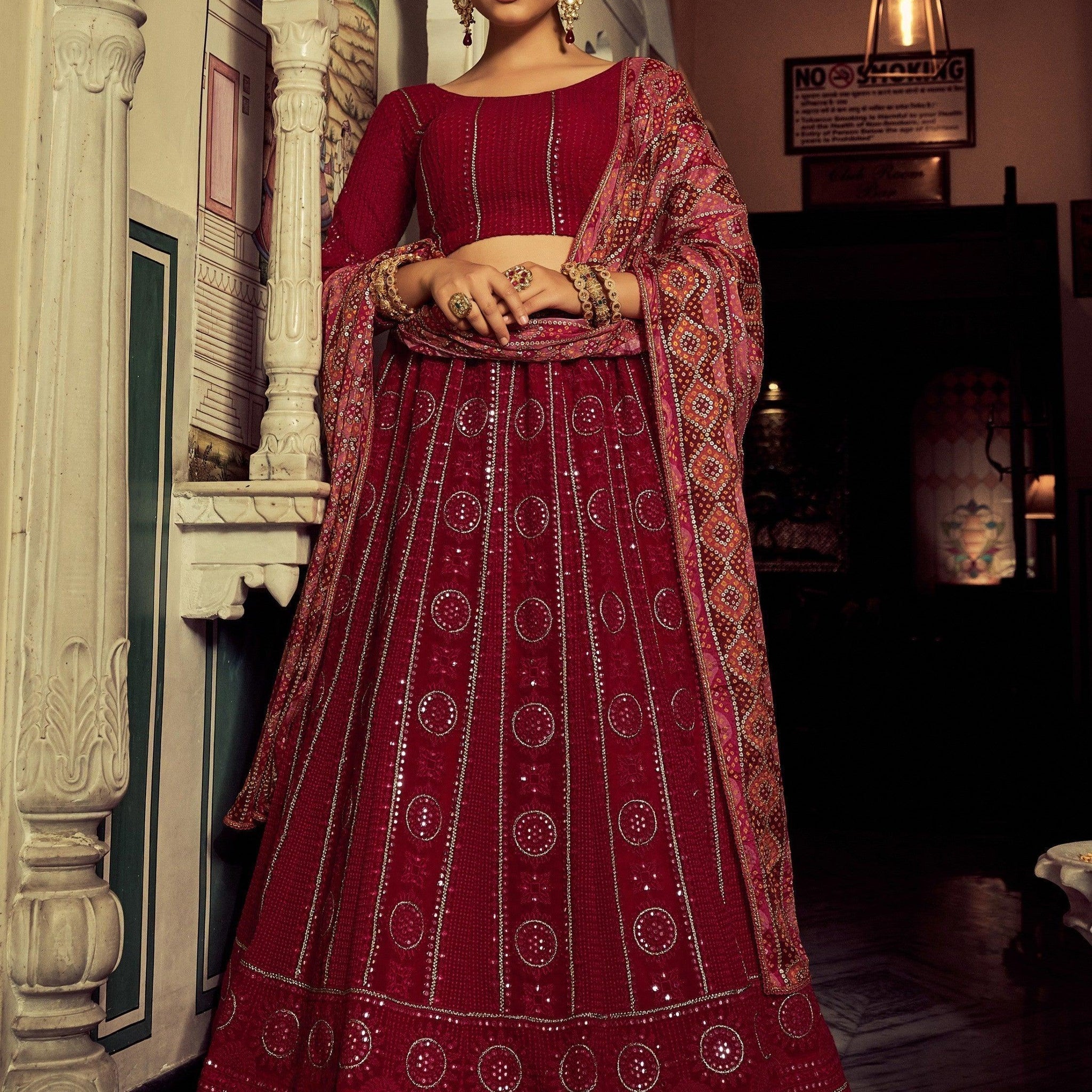 Attractive Red Sequins Georgette Festival Wear Lehenga Choli