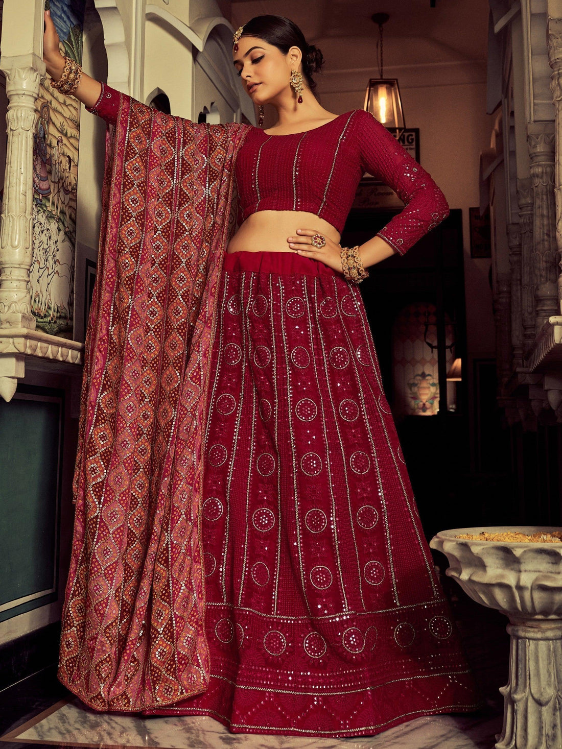 Attractive Red Sequins Georgette Festival Wear Lehenga Choli