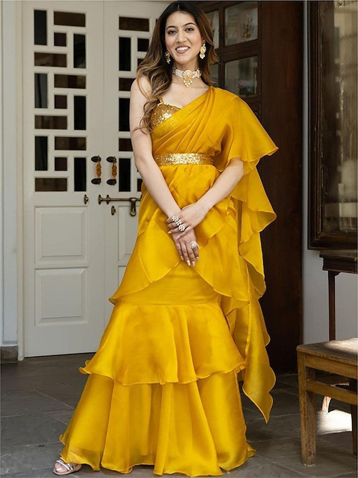 Gorgeous Yellow Sequins Organza Ready To Wear Ruffle Saree