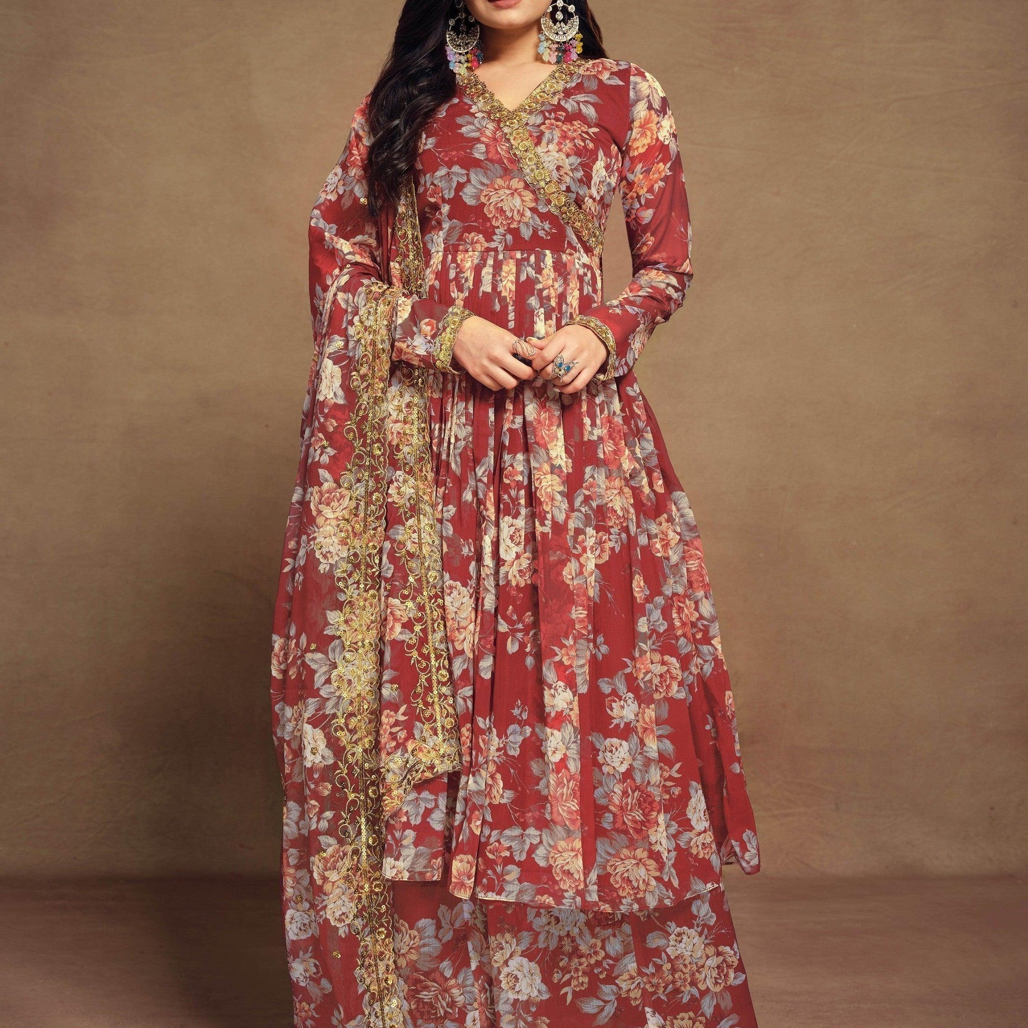 Charming Red Floral Printed Chiffon Festival Wear Palazzo Suit