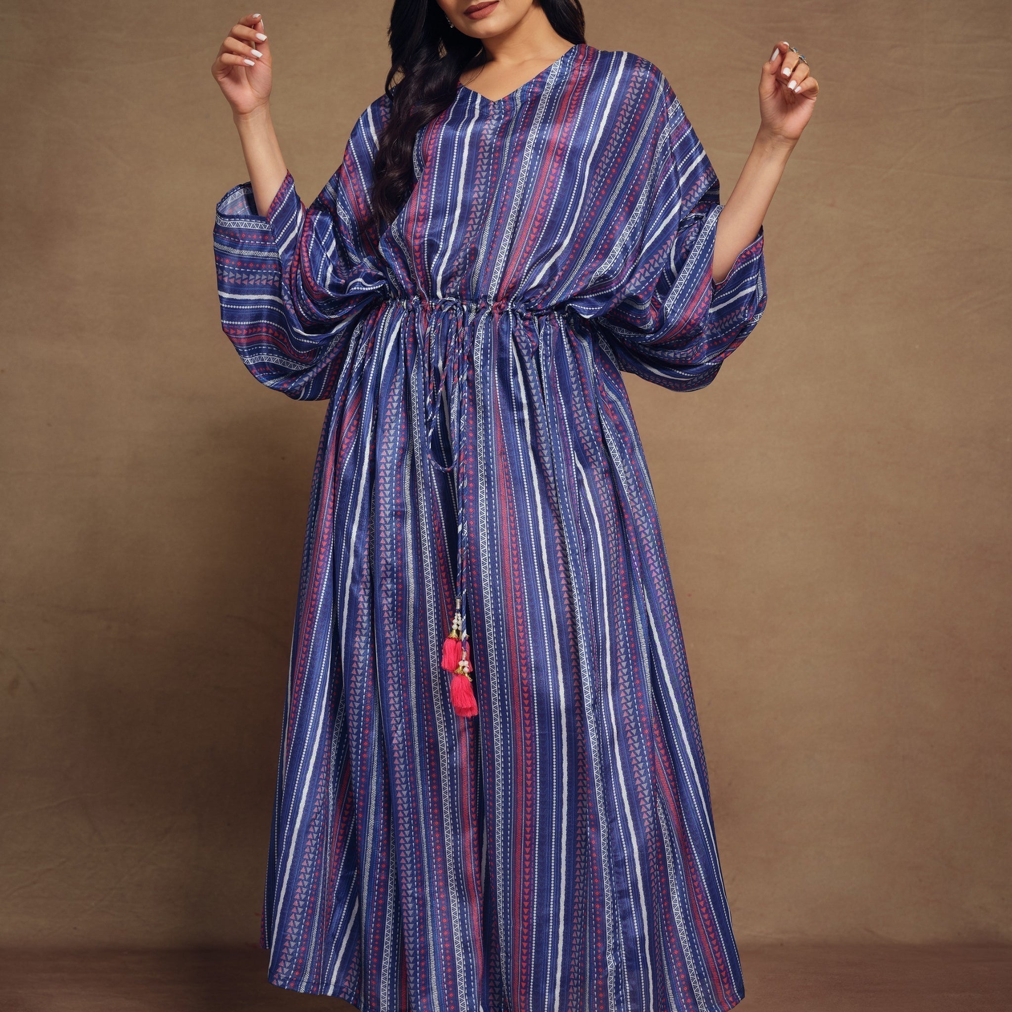 Attractive Blue Printed Art Silk Event Wear Readymade Kaftan