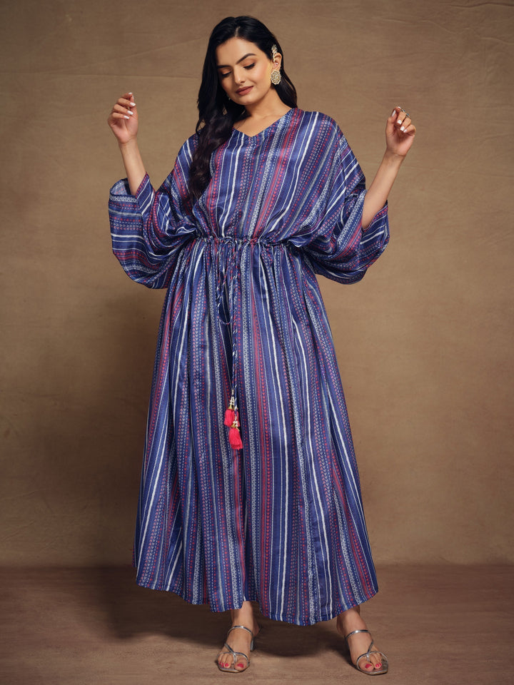 Attractive Blue Printed Art Silk Event Wear Readymade Kaftan