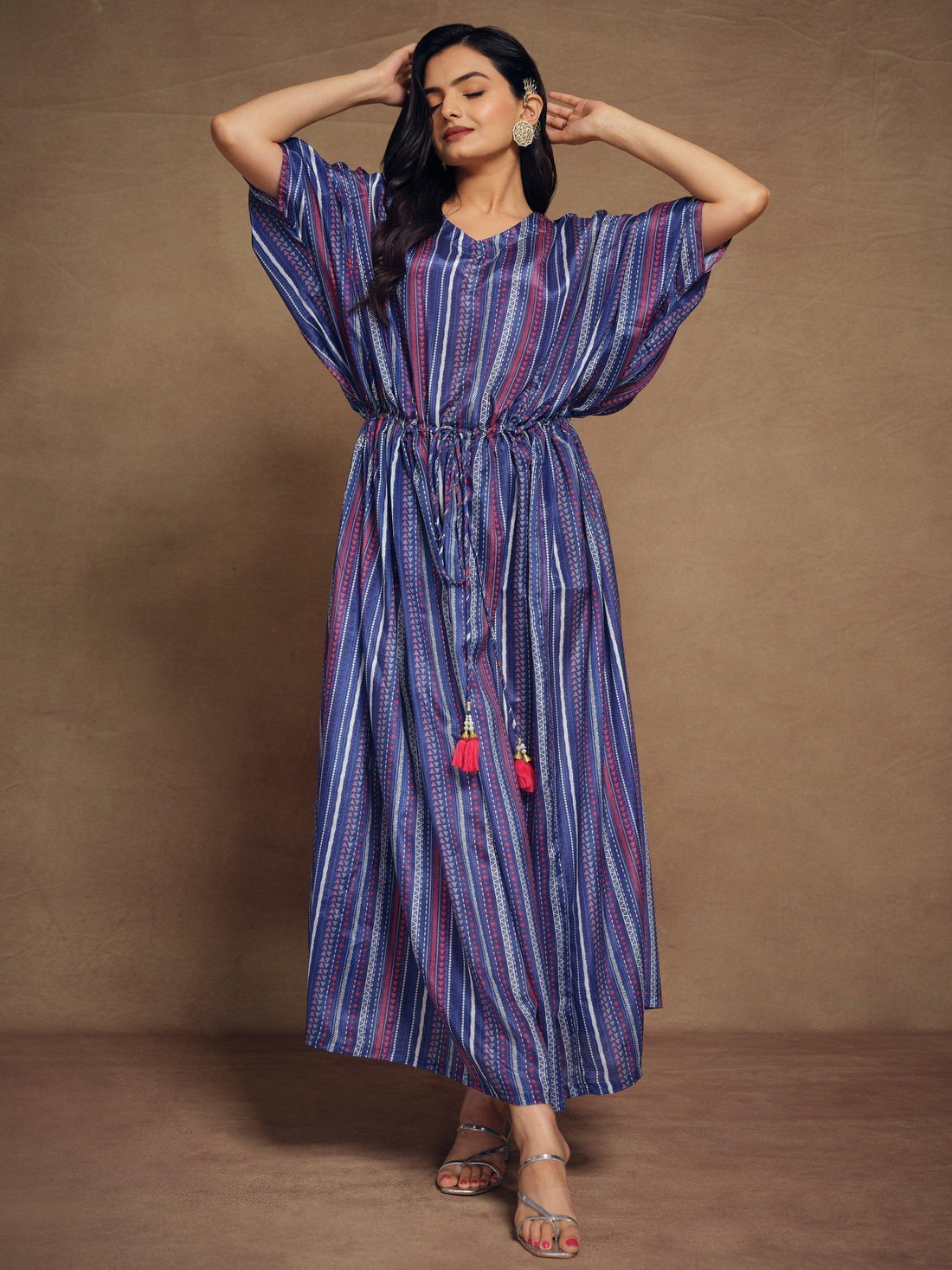 Attractive Blue Printed Art Silk Event Wear Readymade Kaftan