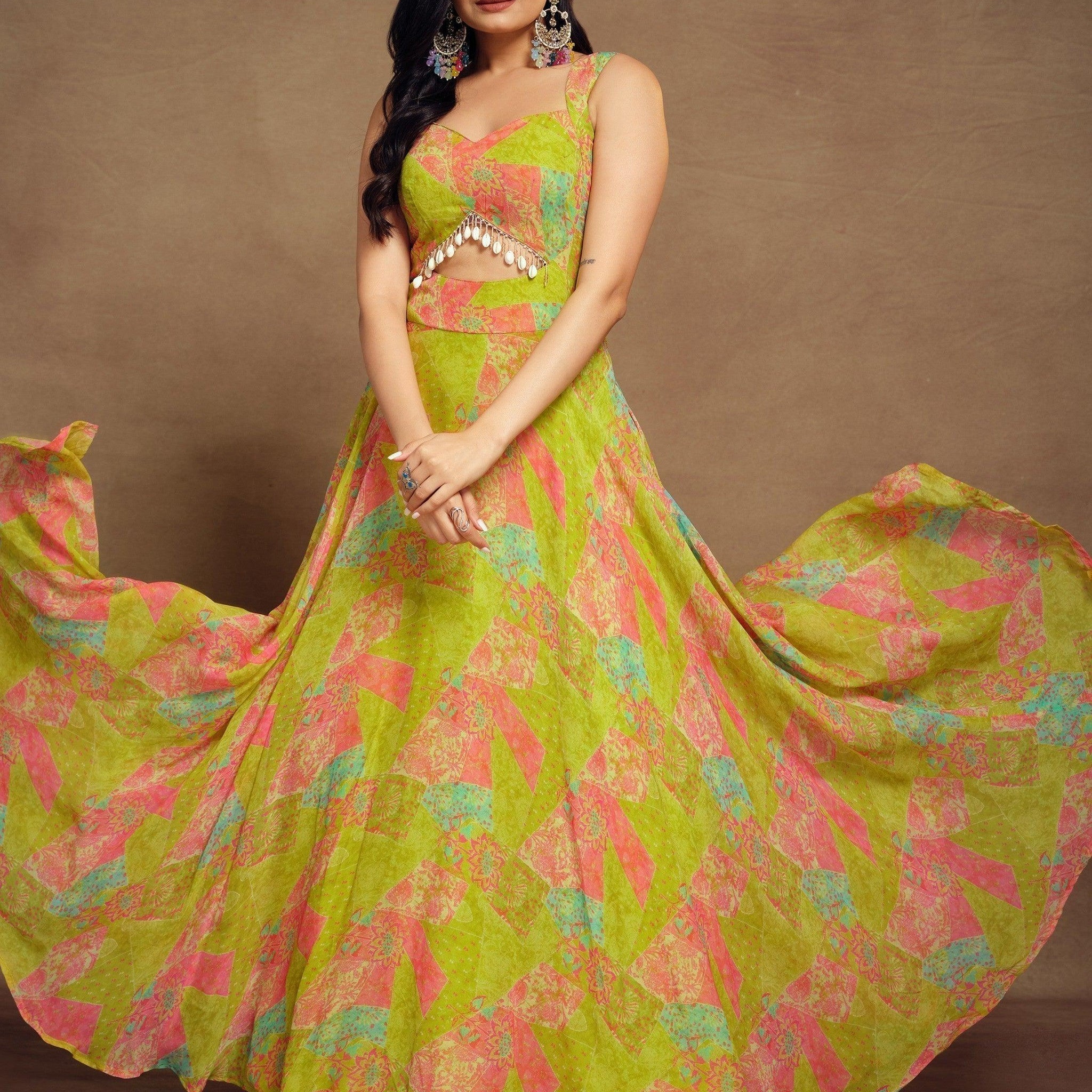 Charming Light Green Digital Printed Georgette Festival Wear Gown