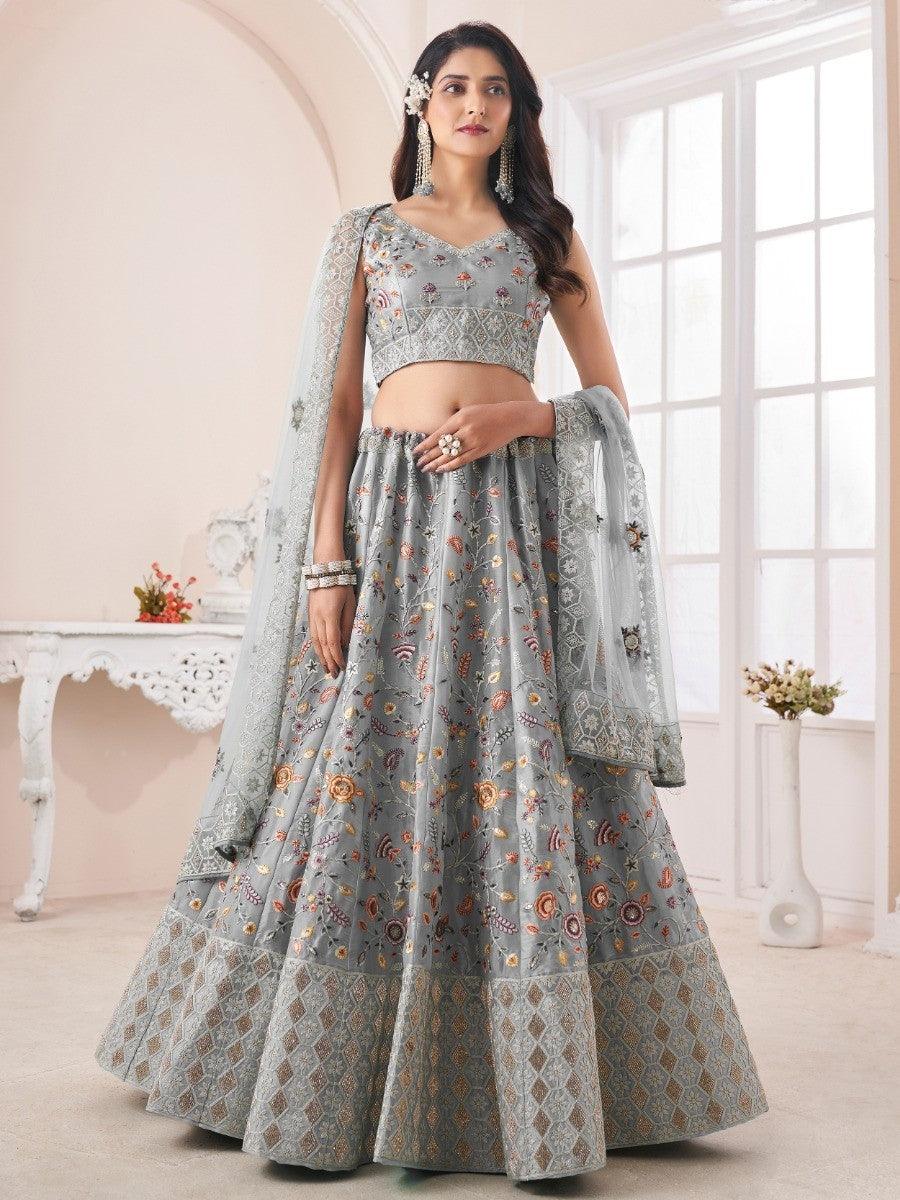 Attractive Grey Silk Floral Embroidered Reception wear Lehenga Choli
