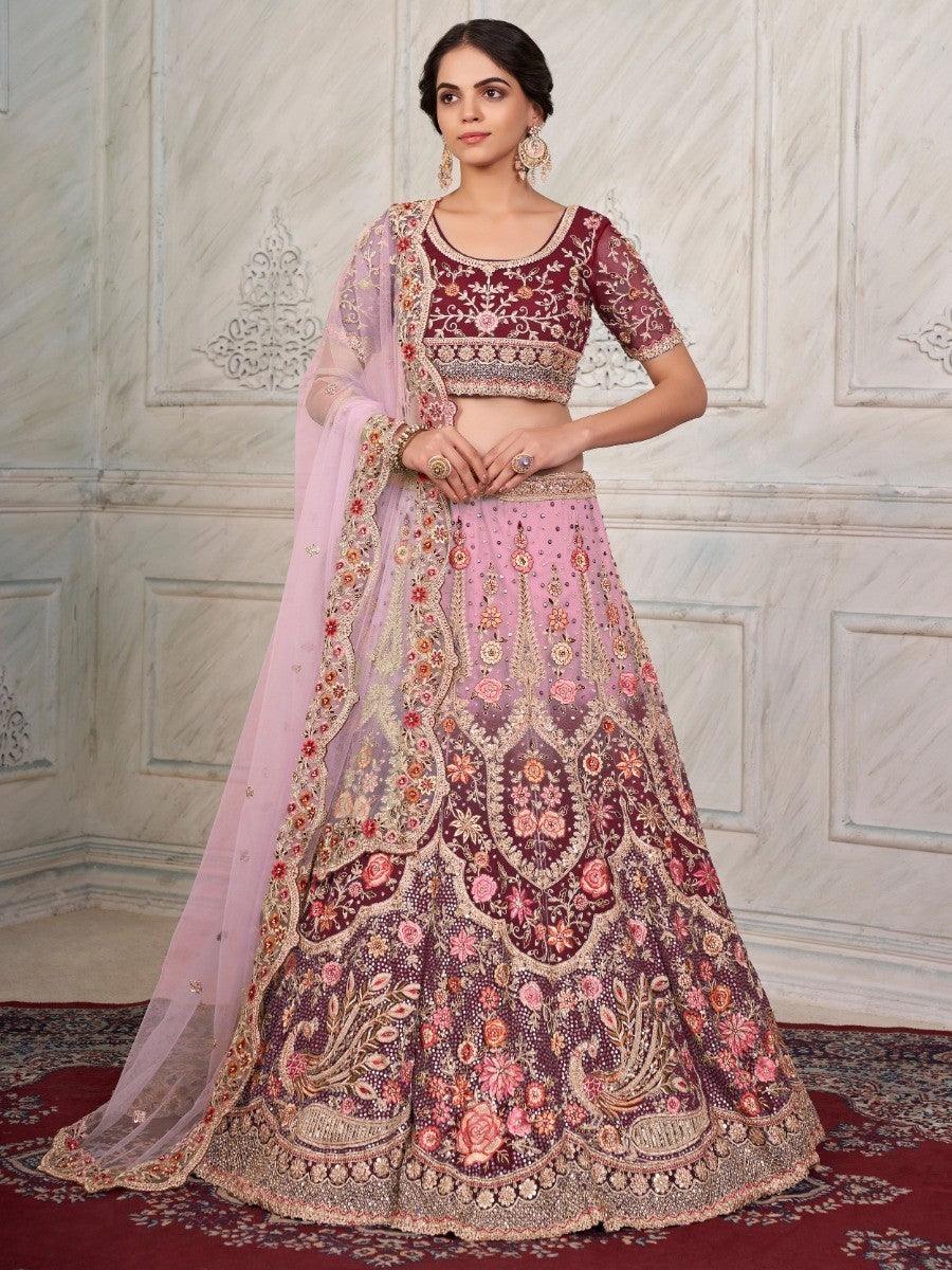 Fascinating Maroon Stone Work Net Wedding Lehenga Choli
