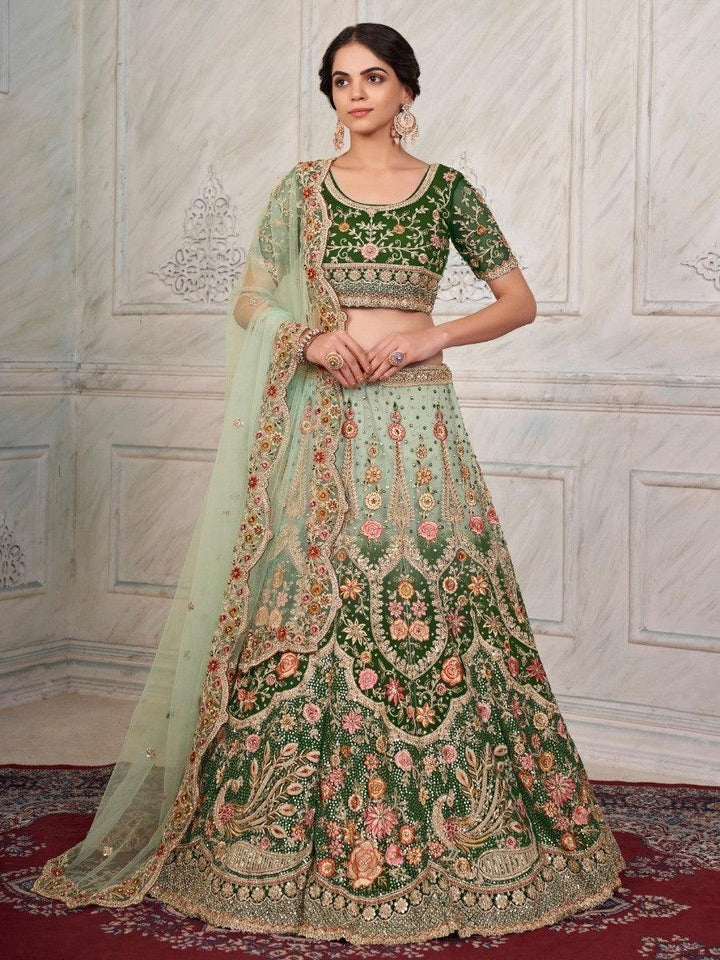 Enchanting Green Stone Work Net Lehenga Choli With Dupatta