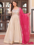 Artistic Beige Pearl Work Jacquard Designer Gown With Pink Dupatta - Zeel Clothing