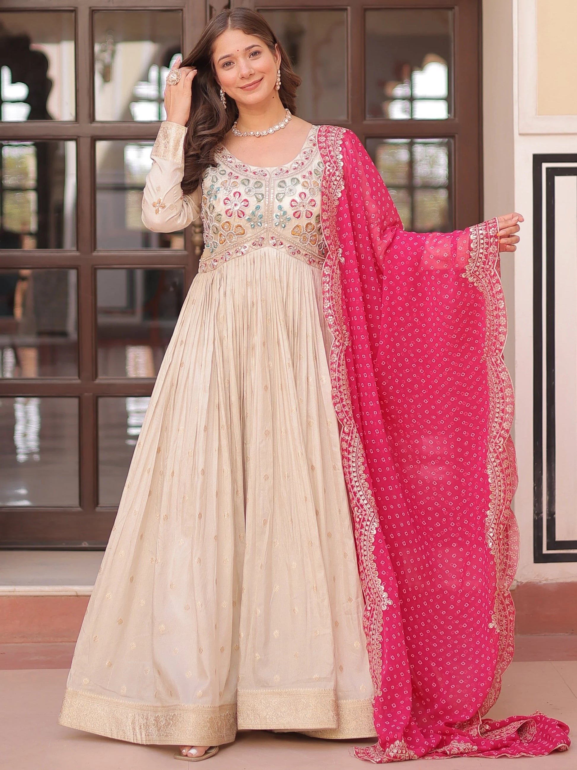 Artistic Beige Pearl Work Jacquard Designer Gown With Pink Dupatta - Zeel Clothing