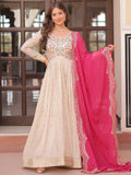 Artistic Beige Pearl Work Jacquard Designer Gown With Pink Dupatta - Zeel Clothing
