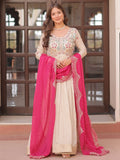 Artistic Beige Pearl Work Jacquard Designer Gown With Pink Dupatta - Zeel Clothing