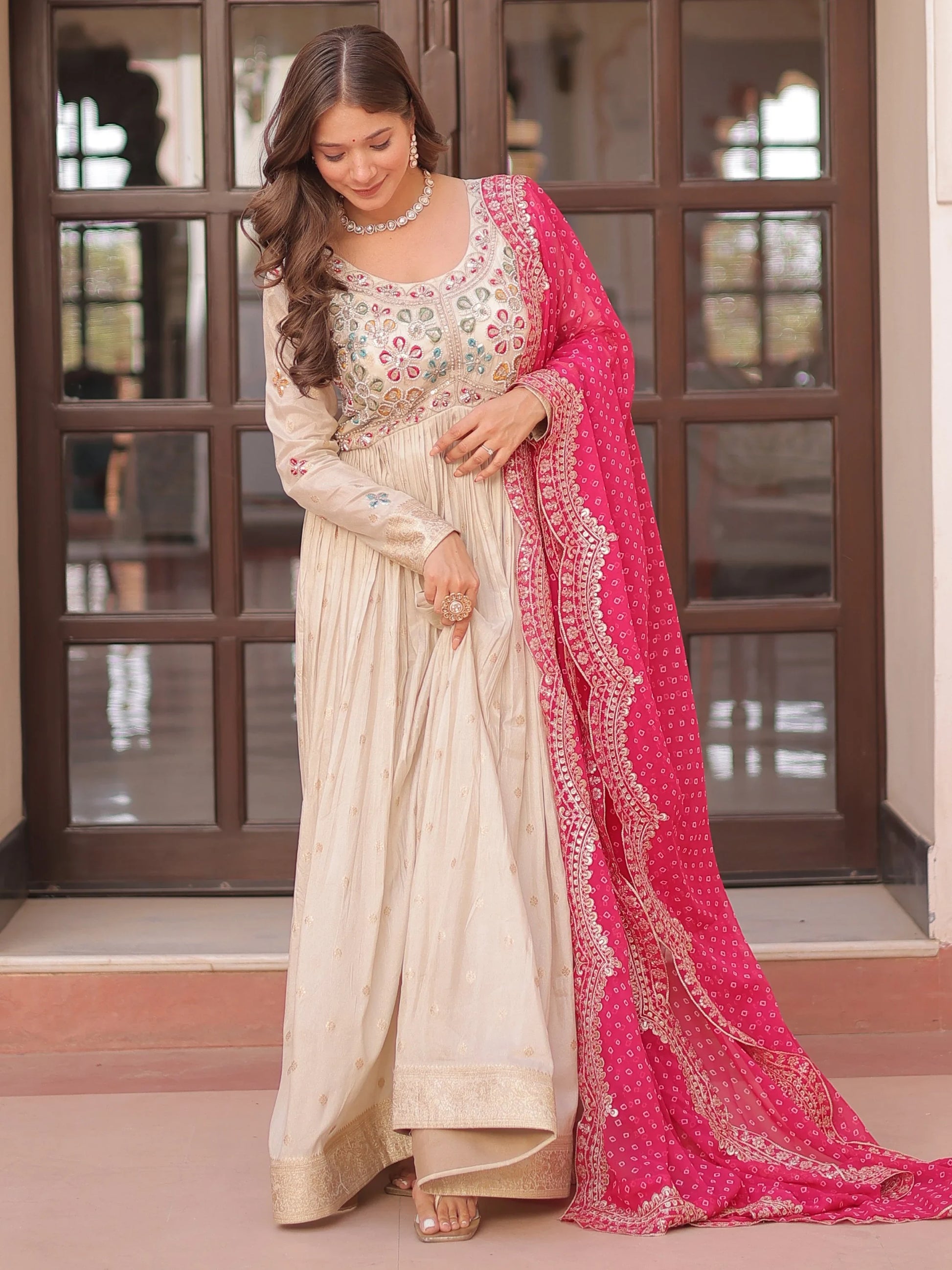 Artistic Beige Pearl Work Jacquard Designer Gown With Pink Dupatta - Zeel Clothing