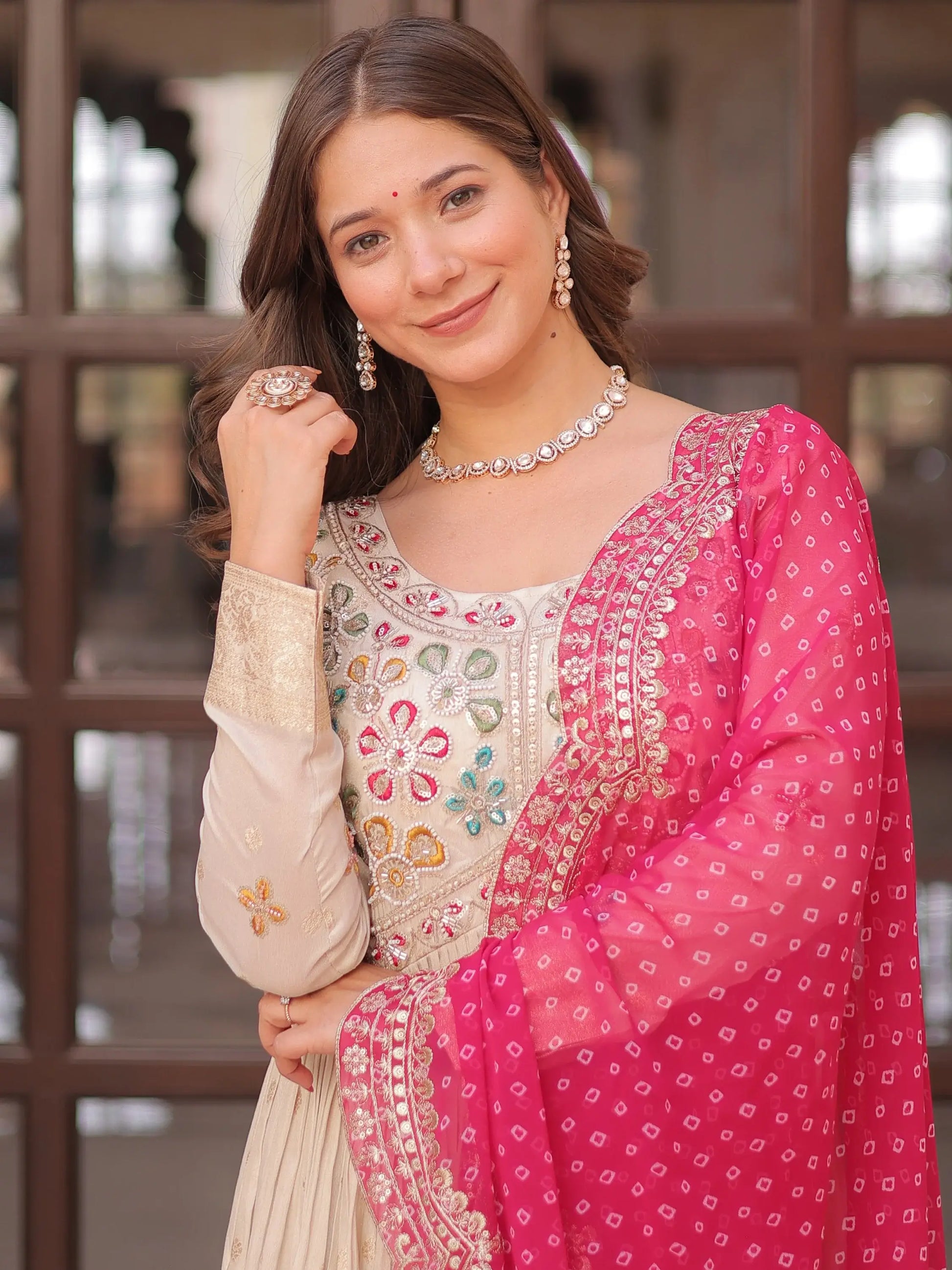 Artistic Beige Pearl Work Jacquard Designer Gown With Pink Dupatta - Zeel Clothing