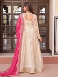 Artistic Beige Pearl Work Jacquard Designer Gown With Pink Dupatta - Zeel Clothing