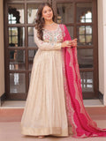 Artistic Beige Pearl Work Jacquard Designer Gown With Pink Dupatta - Zeel Clothing