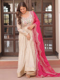 Artistic Beige Pearl Work Jacquard Designer Gown With Pink Dupatta - Zeel Clothing