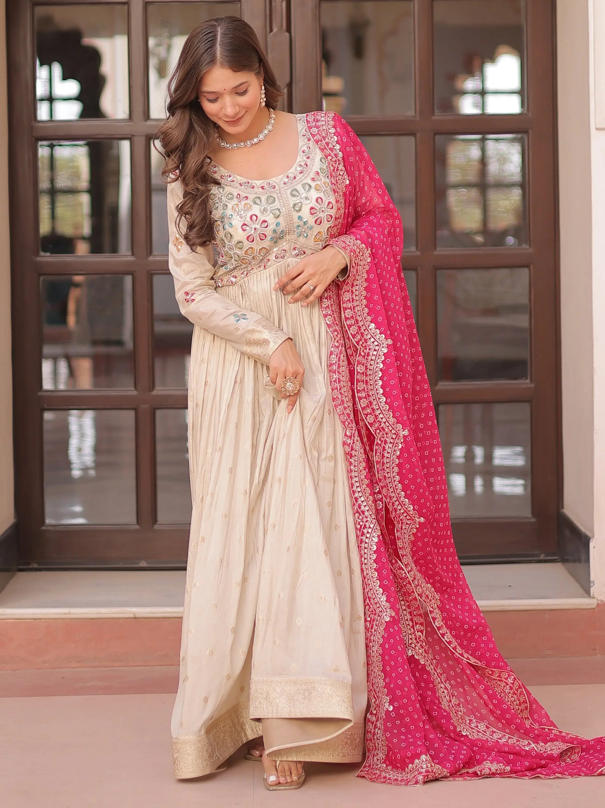 Artistic Beige Pearl Work Jacquard Designer Gown With Pink Dupatta - Zeel Clothing