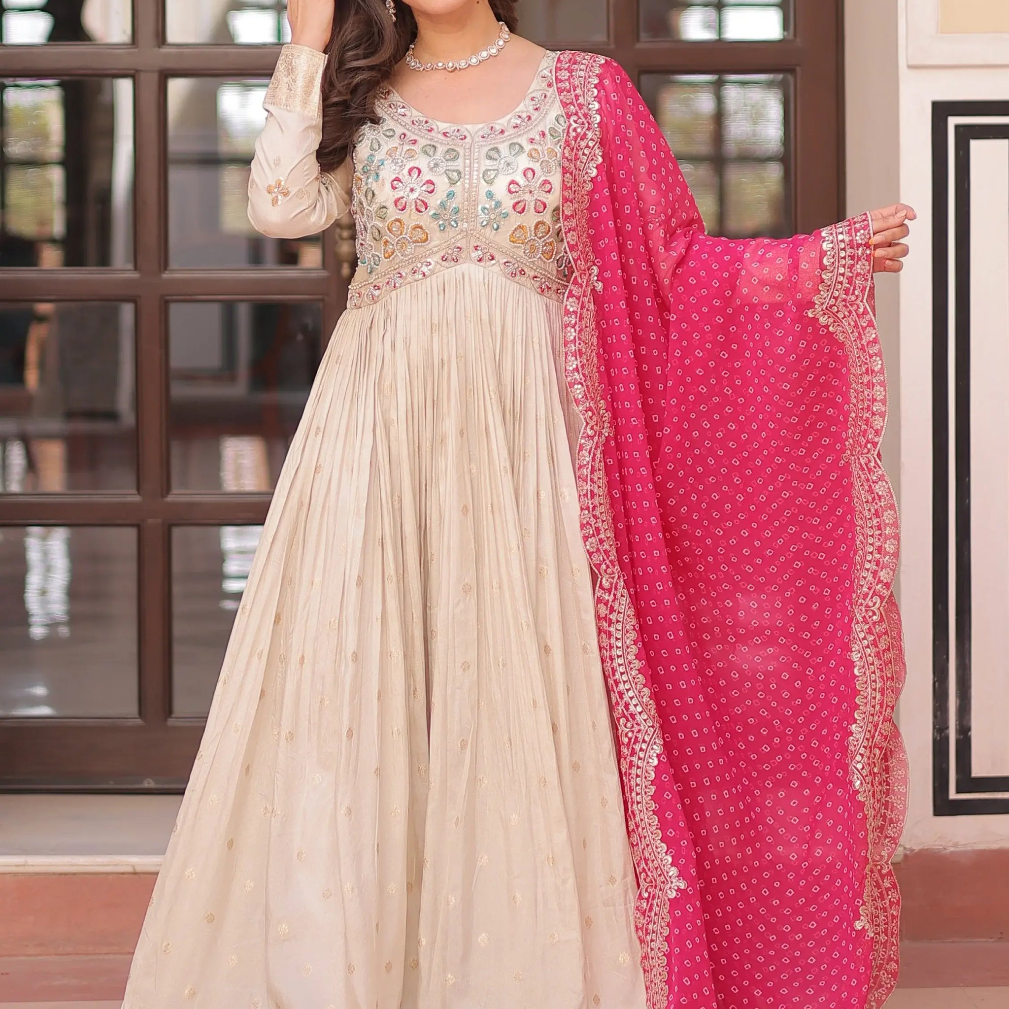 Artistic Beige Pearl Work Jacquard Designer Gown With Pink Dupatta - Zeel Clothing