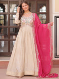Artistic Beige Pearl Work Jacquard Designer Gown With Pink Dupatta - Zeel Clothing