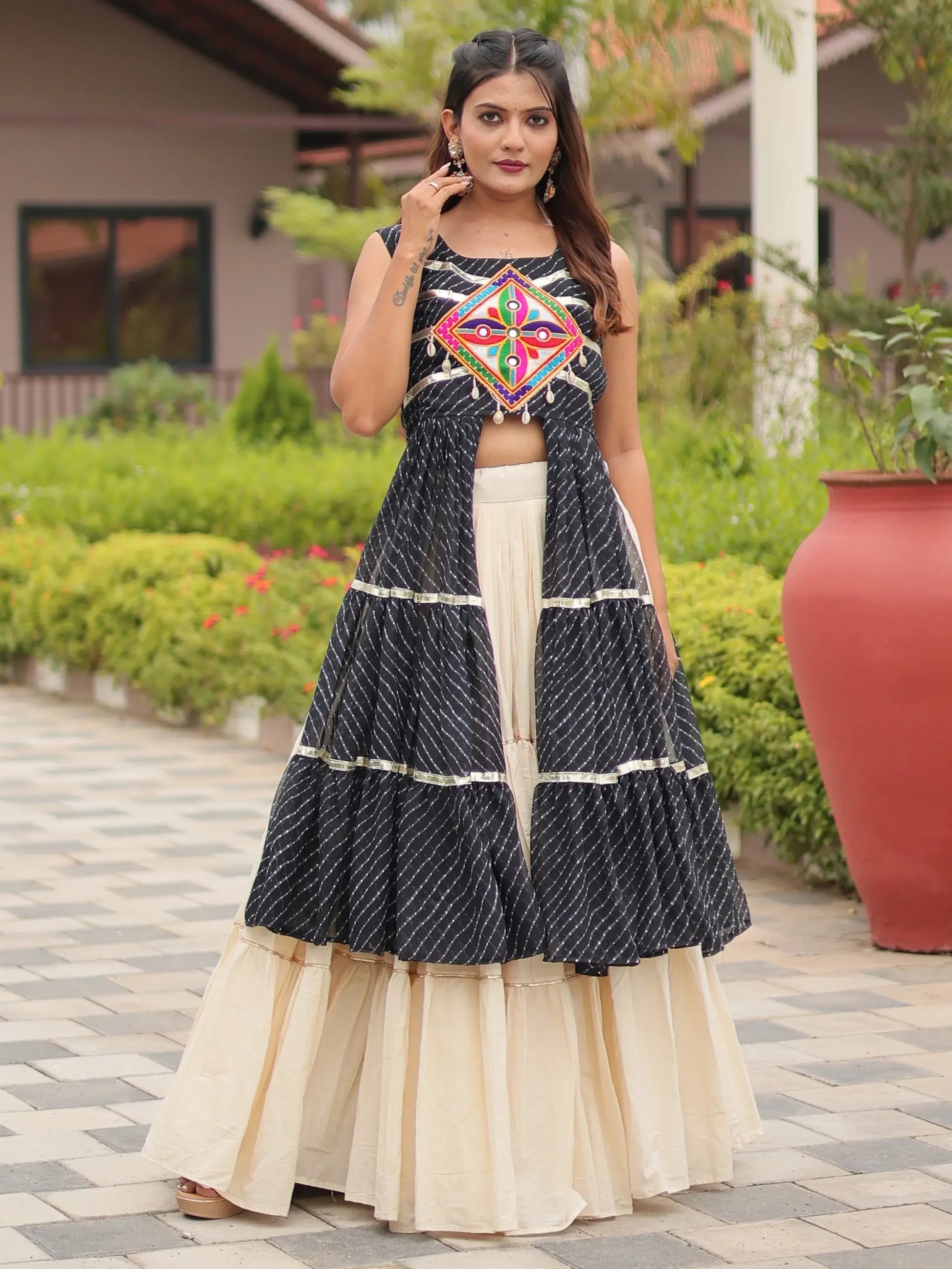 Artistic Black Cotton Navratri Special Lehenga With Gamthi Work Shrug - Zeel Clothing