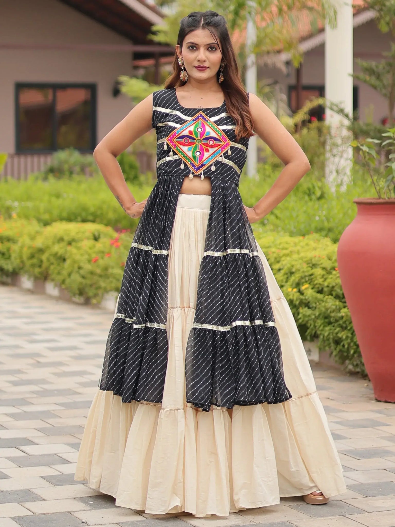 Artistic Black Cotton Navratri Special Lehenga With Gamthi Work Shrug - Zeel Clothing