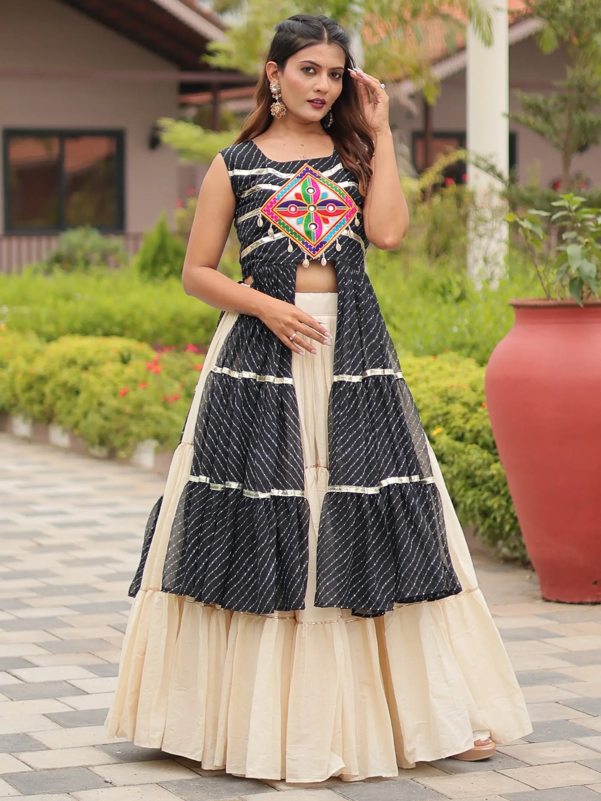 Artistic Black Cotton Navratri Special Lehenga With Gamthi Work Shrug - Zeel Clothing