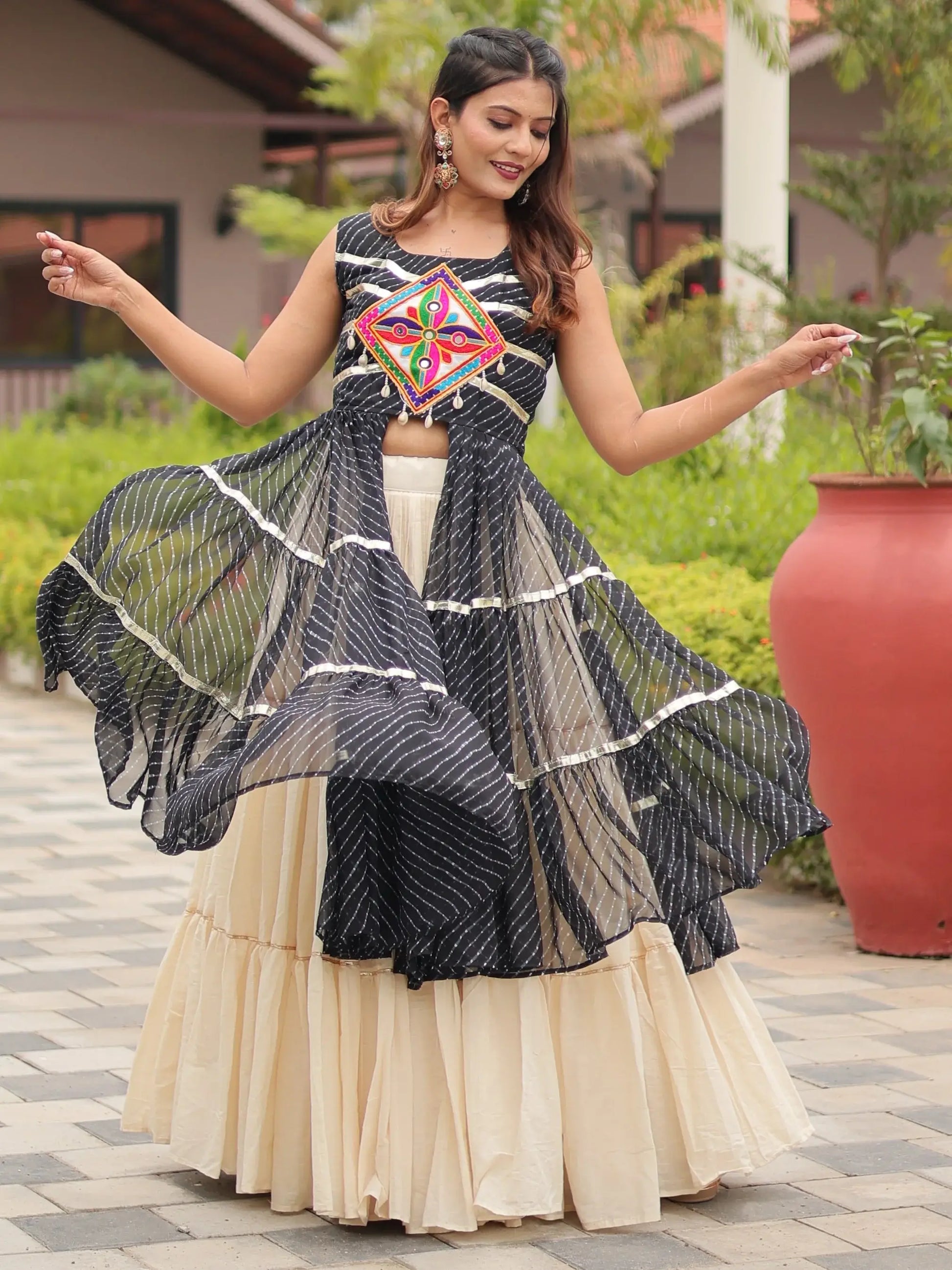 Artistic Black Cotton Navratri Special Lehenga With Gamthi Work Shrug - Zeel Clothing