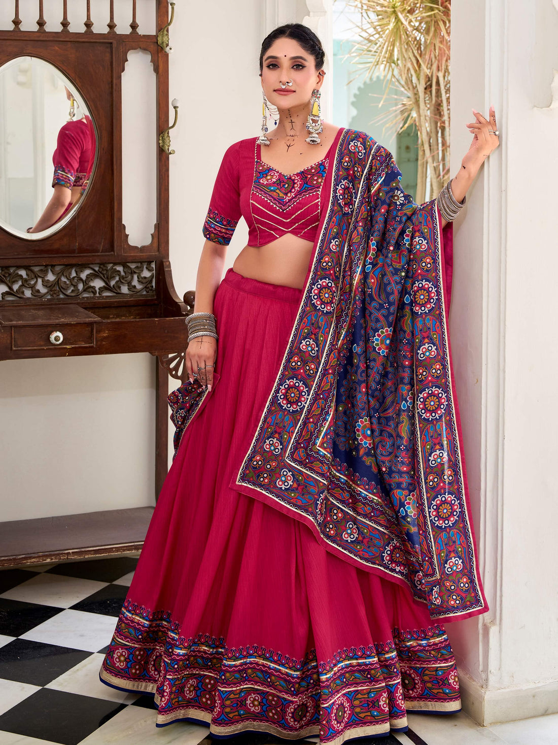 Artistic Hot Pink Gamthi Print Tussar Silk Navratri Special Lehenga Choli - Zeel Clothing