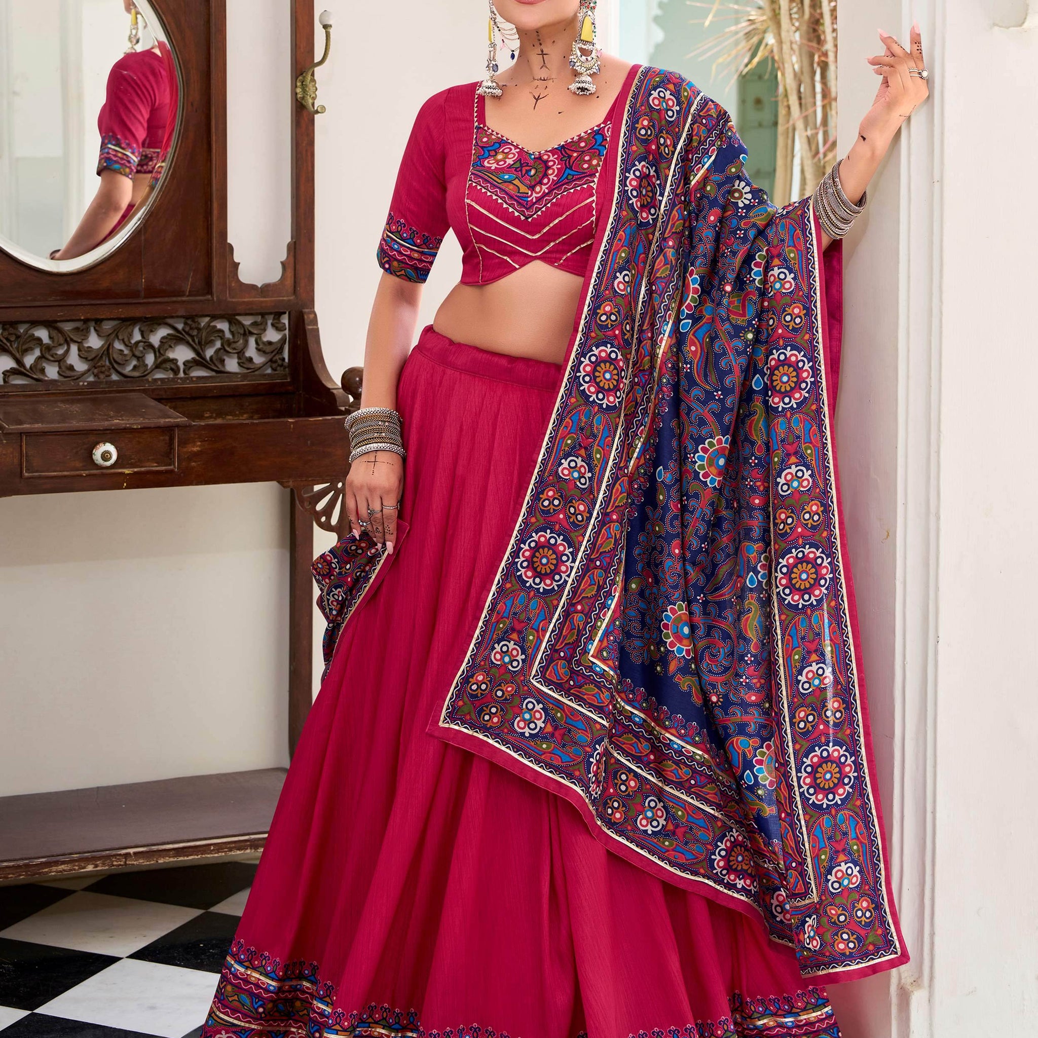 Artistic Hot Pink Gamthi Print Tussar Silk Navratri Special Lehenga Choli - Zeel Clothing