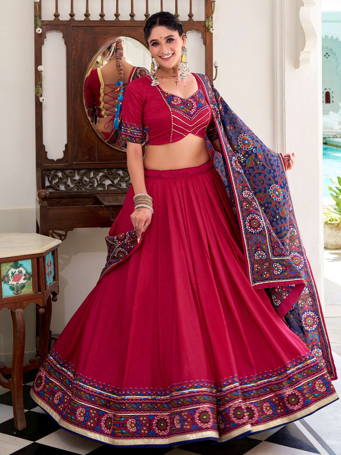 Artistic Hot Pink Gamthi Print Tussar Silk Navratri Special Lehenga Choli - Zeel Clothing