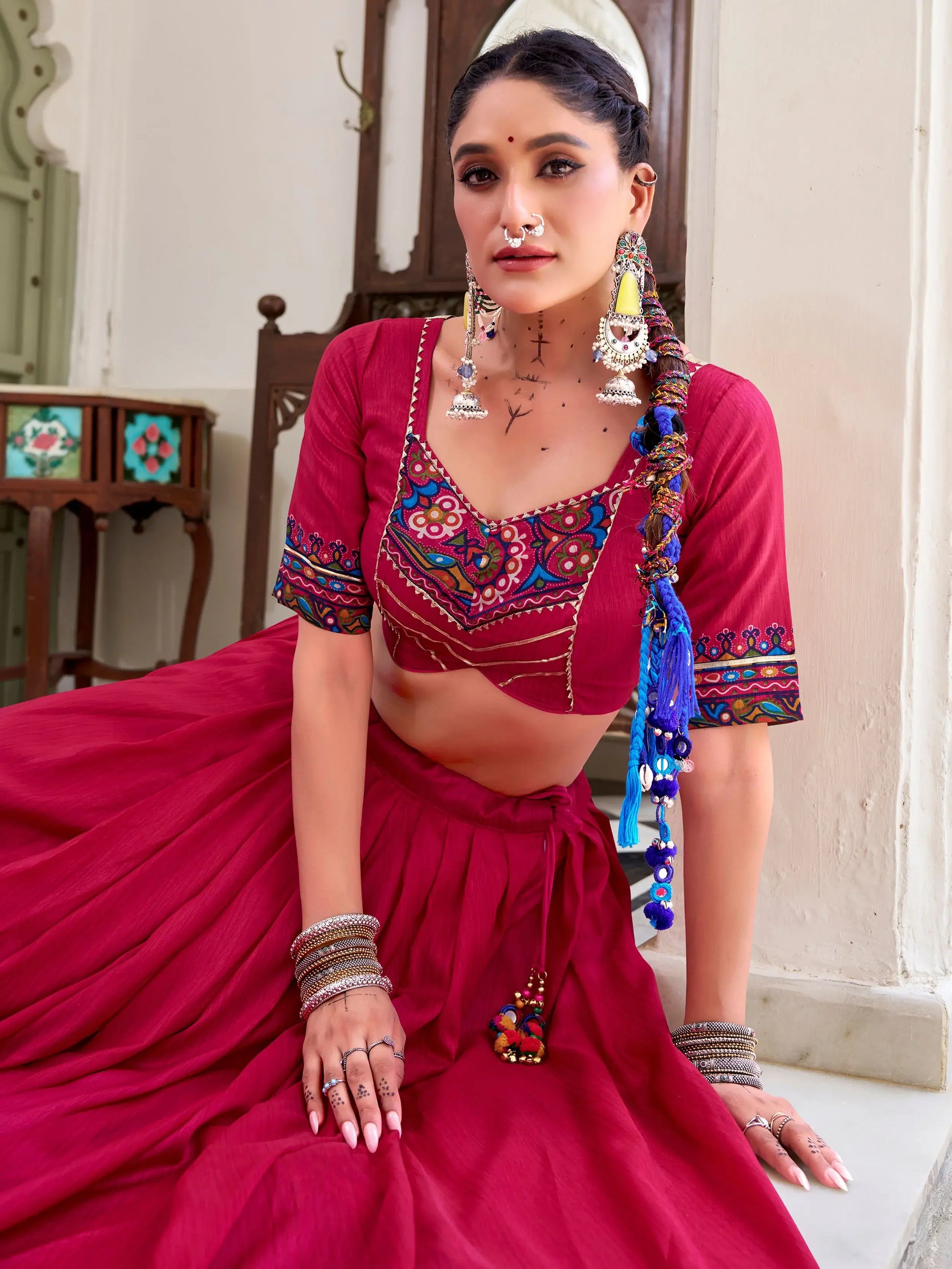 Artistic Hot Pink Gamthi Print Tussar Silk Navratri Special Lehenga Choli - Zeel Clothing