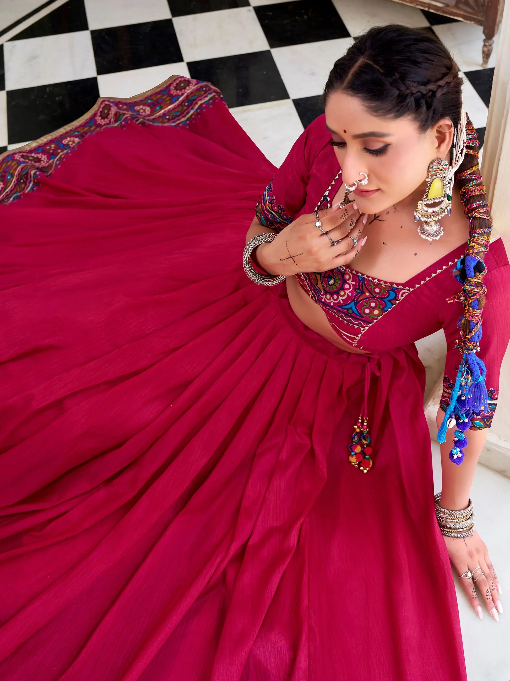 Artistic Hot Pink Gamthi Print Tussar Silk Navratri Special Lehenga Choli - Zeel Clothing