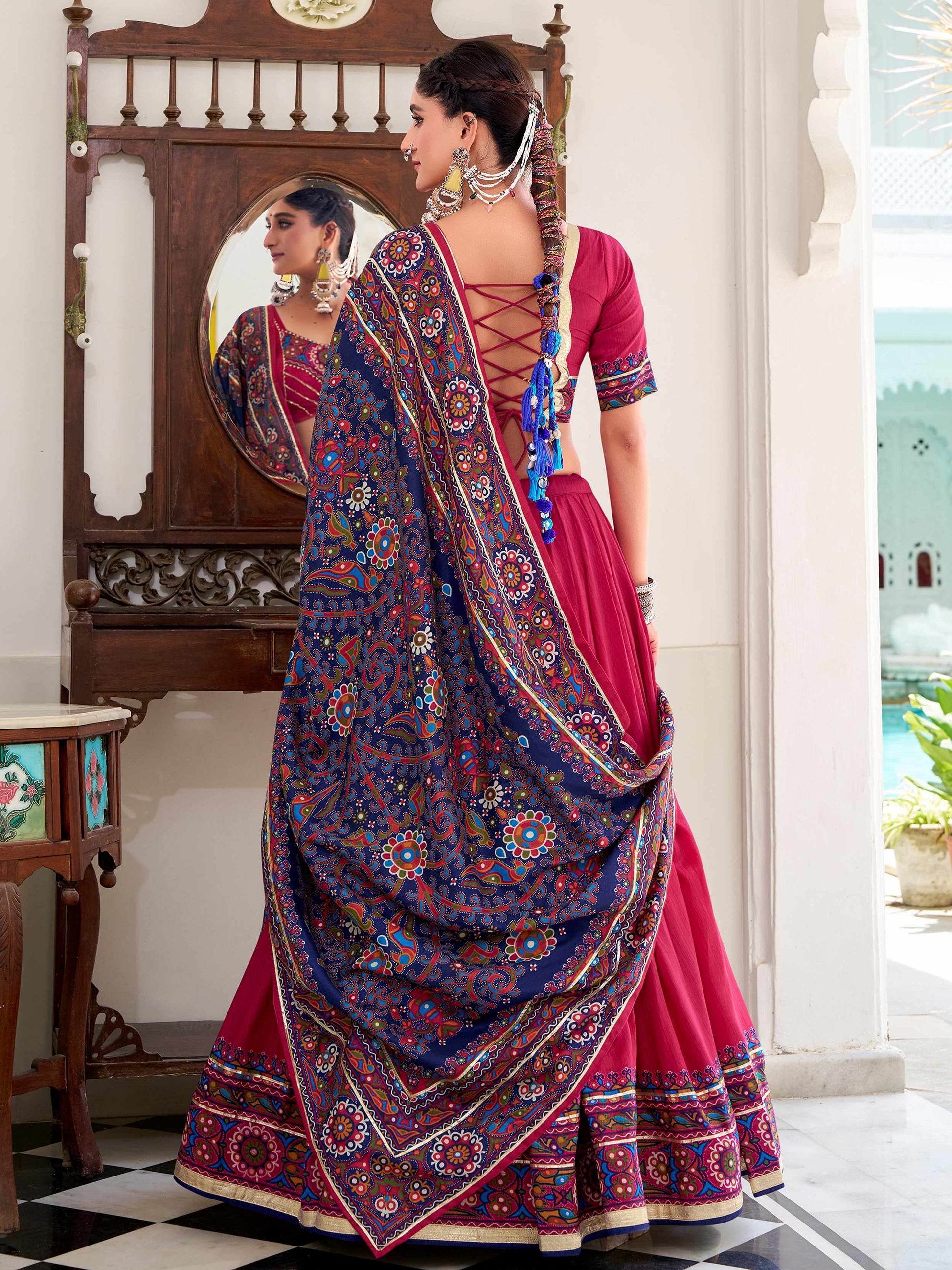 Artistic Hot Pink Gamthi Print Tussar Silk Navratri Special Lehenga Choli - Zeel Clothing