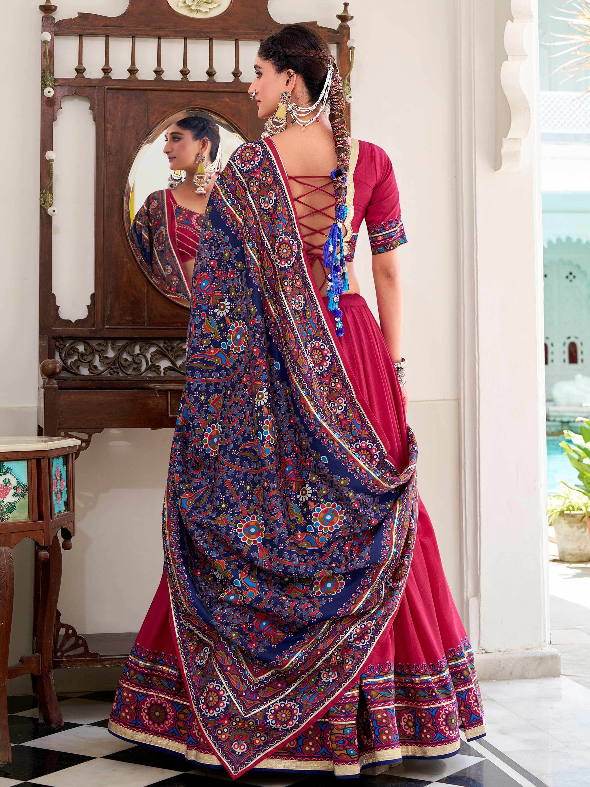 Artistic Hot Pink Gamthi Print Tussar Silk Navratri Special Lehenga Choli - Zeel Clothing