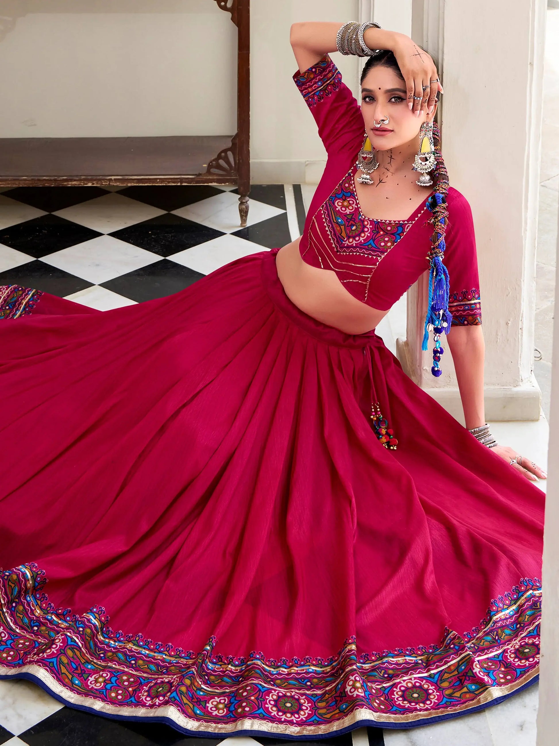 Artistic Hot Pink Gamthi Print Tussar Silk Navratri Special Lehenga Choli - Zeel Clothing