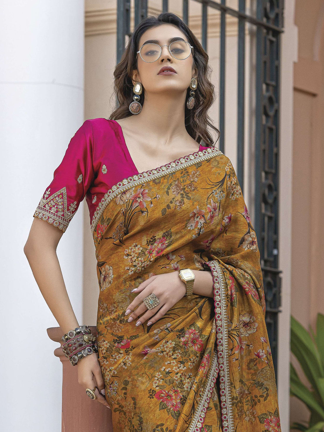 Artistic Mustard Yellow Floral Printed Silk Wedding Wear Saree With Blouse - Zeel Clothing