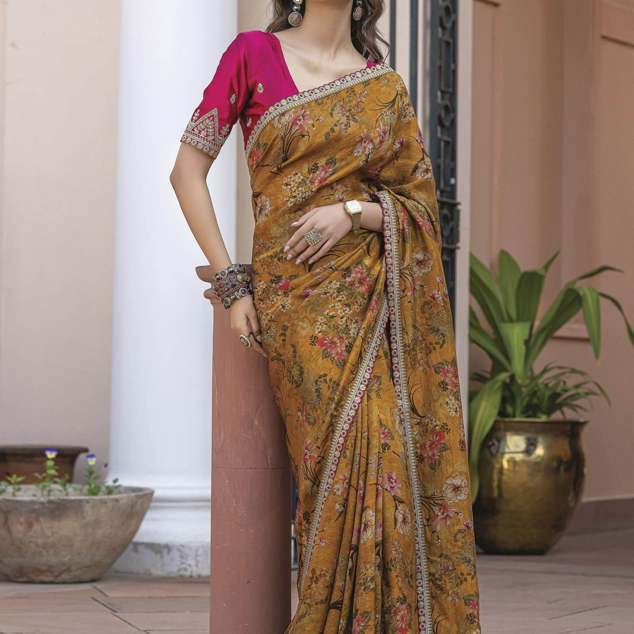 Artistic Mustard Yellow Floral Printed Silk Wedding Wear Saree With Blouse - Zeel Clothing