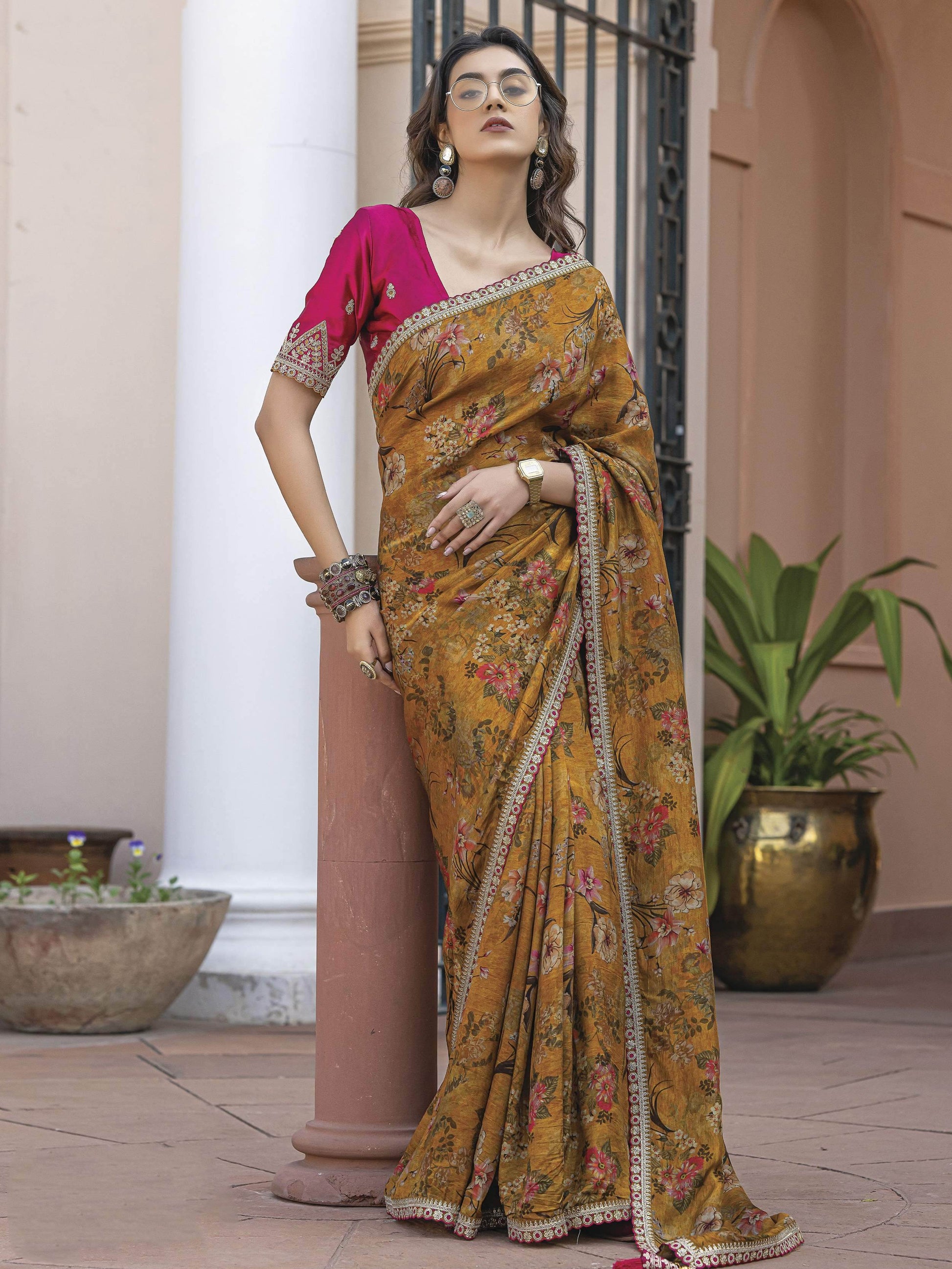 Artistic Mustard Yellow Floral Printed Silk Wedding Wear Saree With Blouse - Zeel Clothing