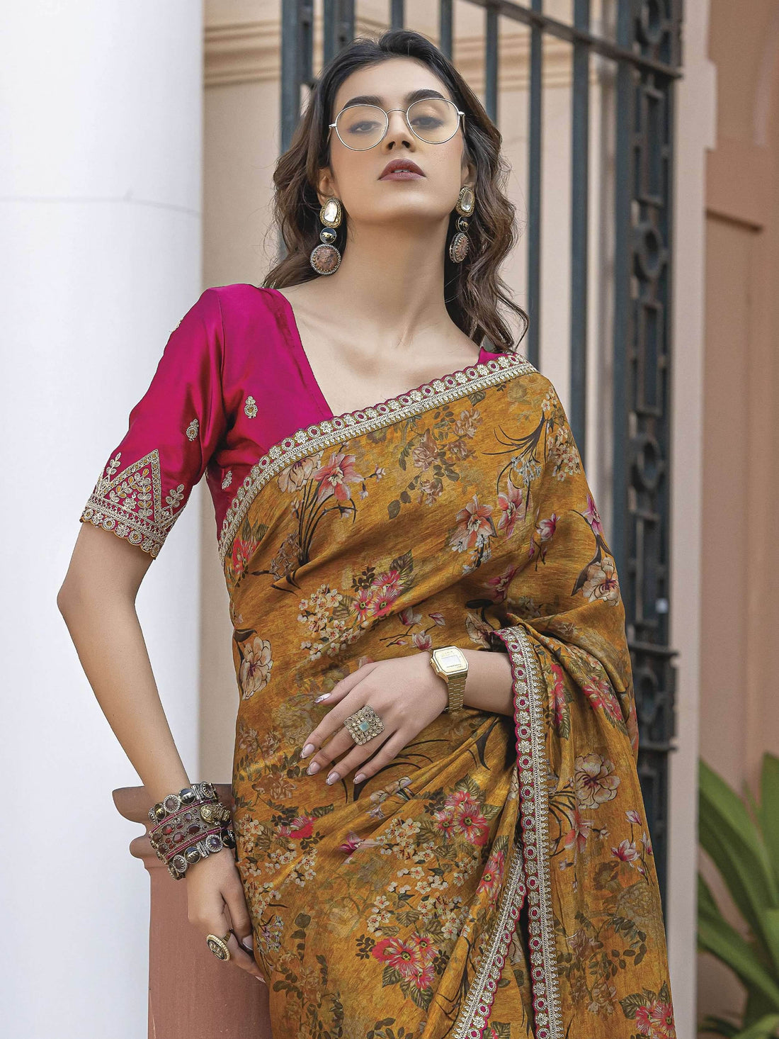 Artistic Mustard Yellow Floral Printed Silk Wedding Wear Saree With Blouse - Zeel Clothing