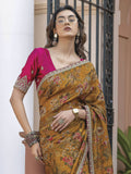 Artistic Mustard Yellow Floral Printed Silk Wedding Wear Saree With Blouse - Zeel Clothing
